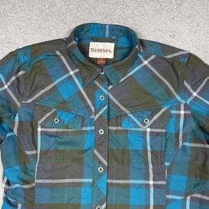Simms Flannel Shirt Womens Small Wool Blend Plaid Outdoors Pockets‎ Blue Gray